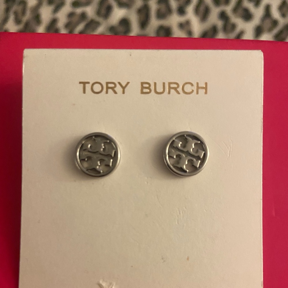Tory Burch Silver Logo Earrings New Never Worn purchased for $78